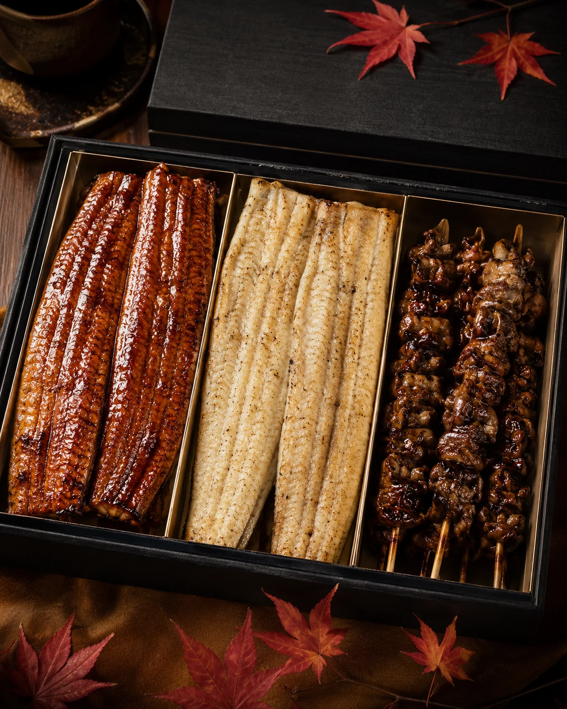 蒲焼・白焼・肝焼を詰めた秋限定の三色ギフト箱。紅葉を添えた高級感のある詰合せ